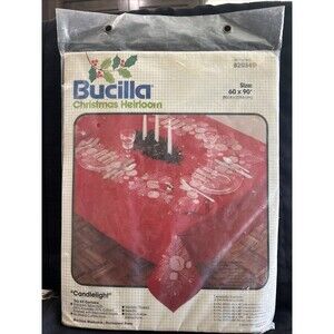 Vintage Bucilla Christmas Heirloom Red 60x90” Cross Stitched Tablecloth